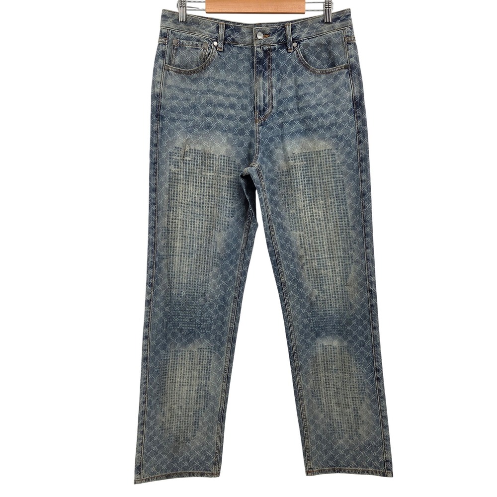 Daily‎ Paper Destroyed Amba Straight Jeans Blue Jacquard Pattern Streetwear M 34